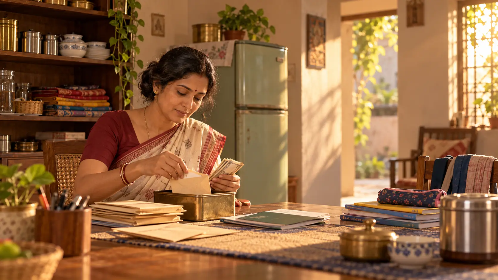 Illustration: a woman at home puts money into envelopes kept in a tin box
