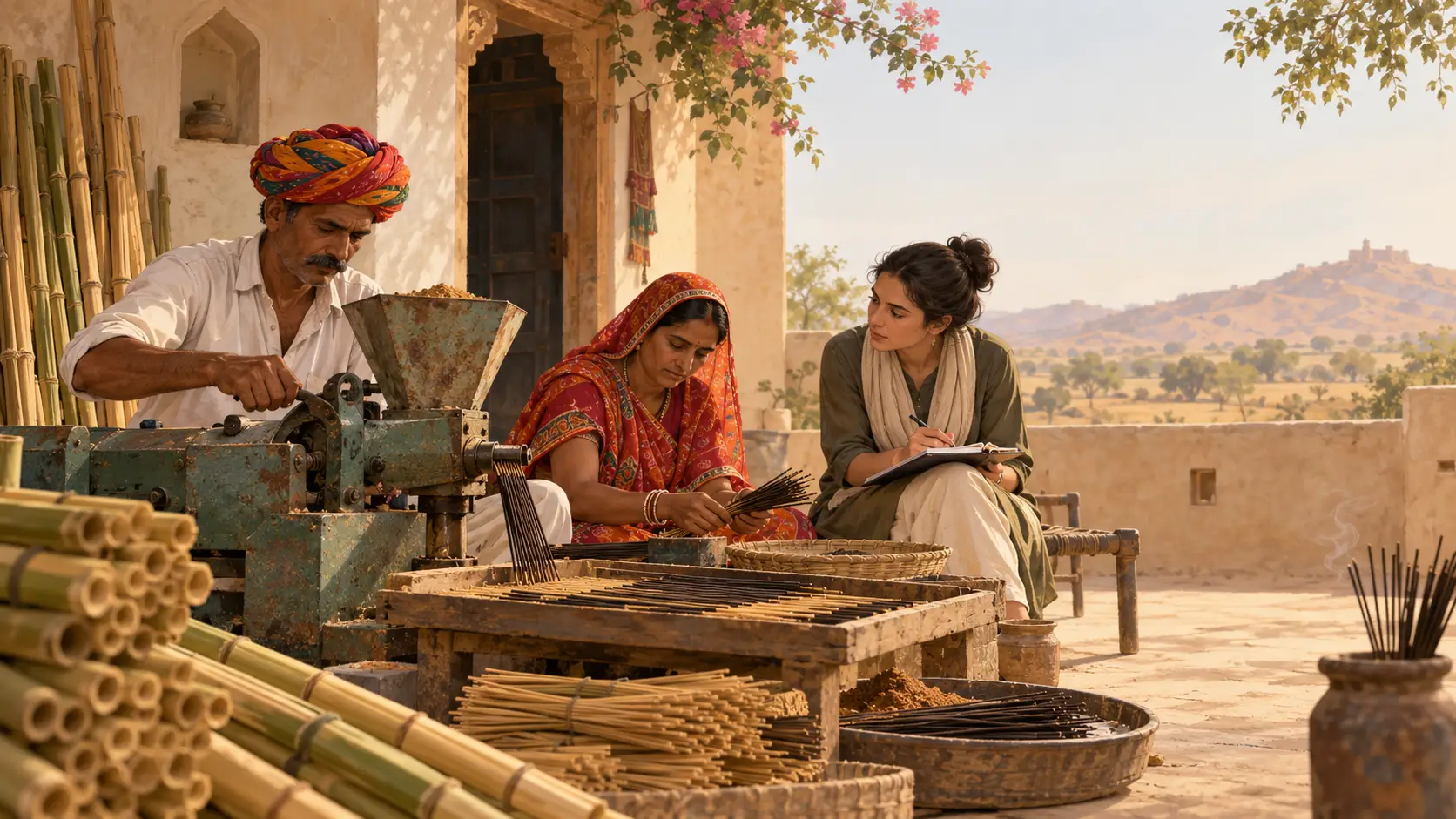 Illustration: villagers make incense sticks from bamboo while a researcher takes notes in rural Rajasthan
