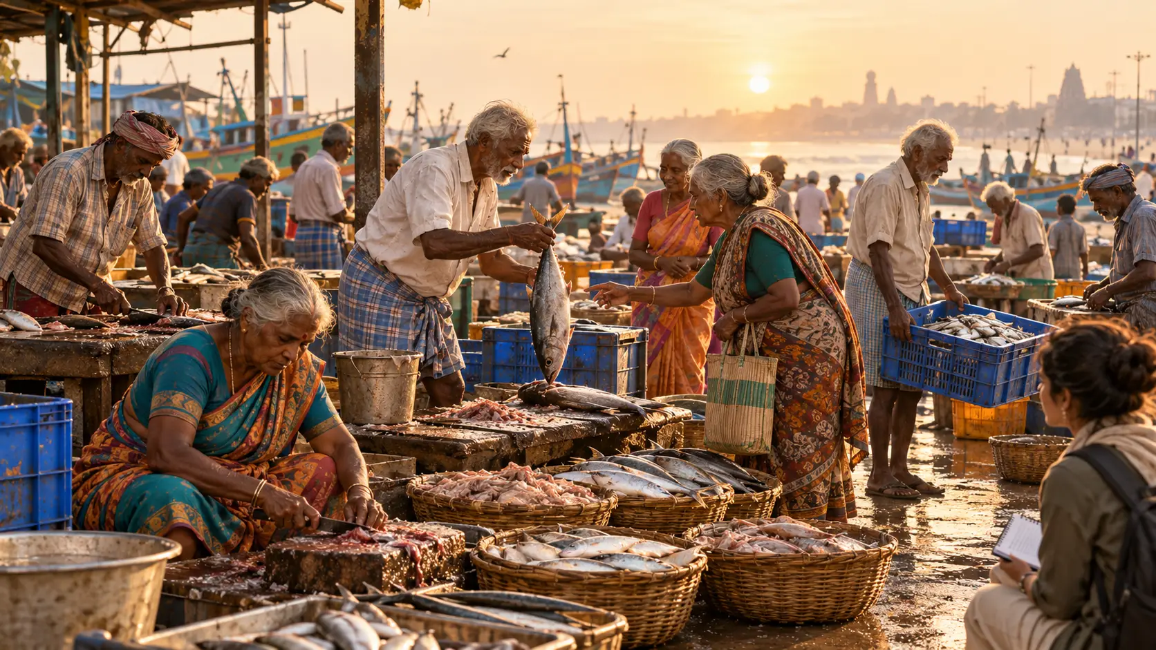 Illustration: older fishmongers sort and sell the morning catch at a seaside fish market at sunrise while a researcher takes notes