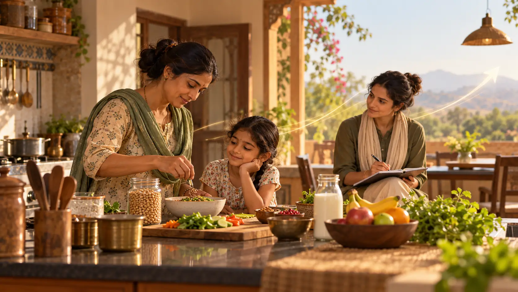 Illustration: a mother cooks a healthy meal with her daughter while a researcher takes notes