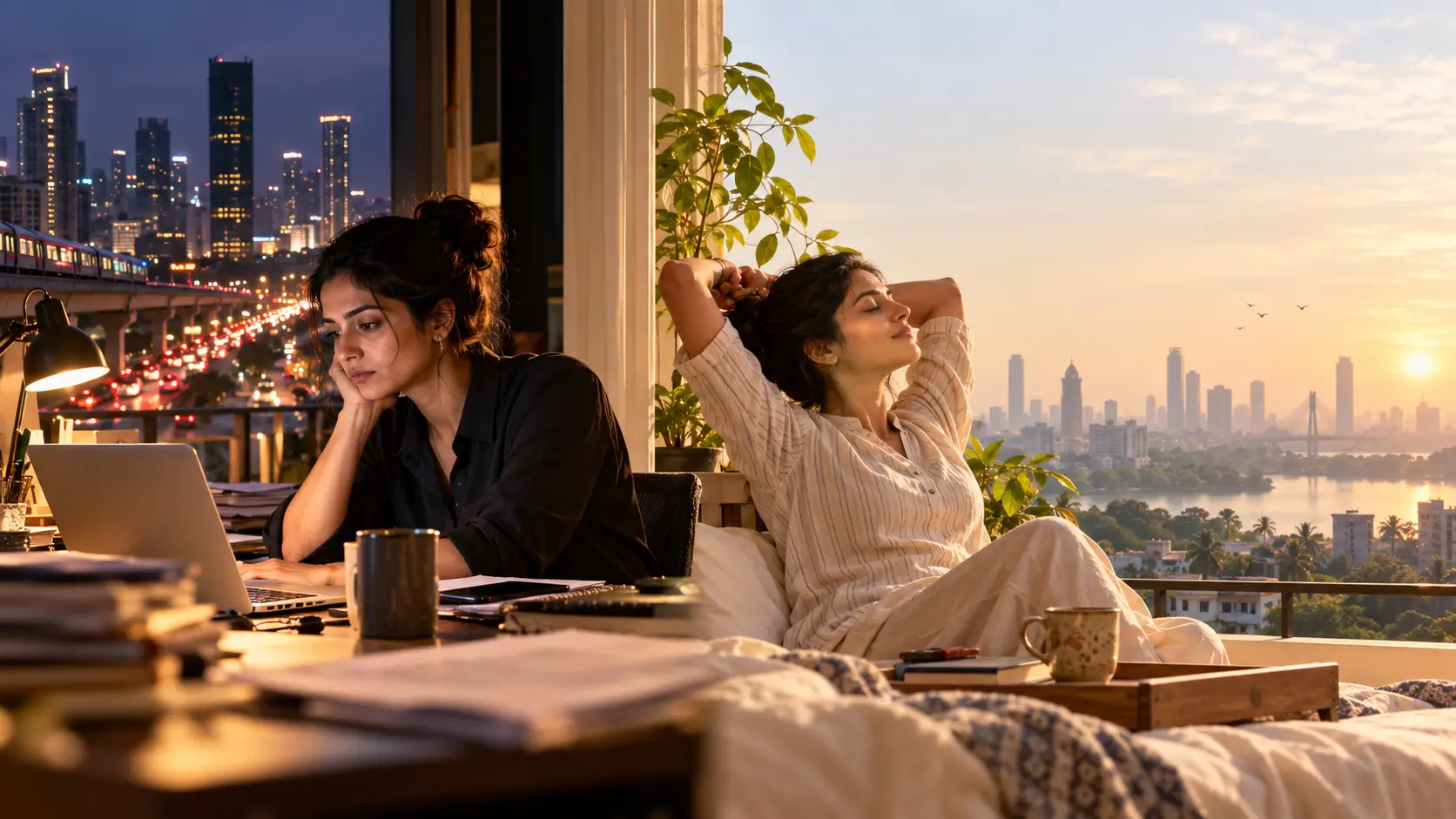 Illustration: one woman works late at a laptop while another relaxes at sunrise, a city skyline behind them
