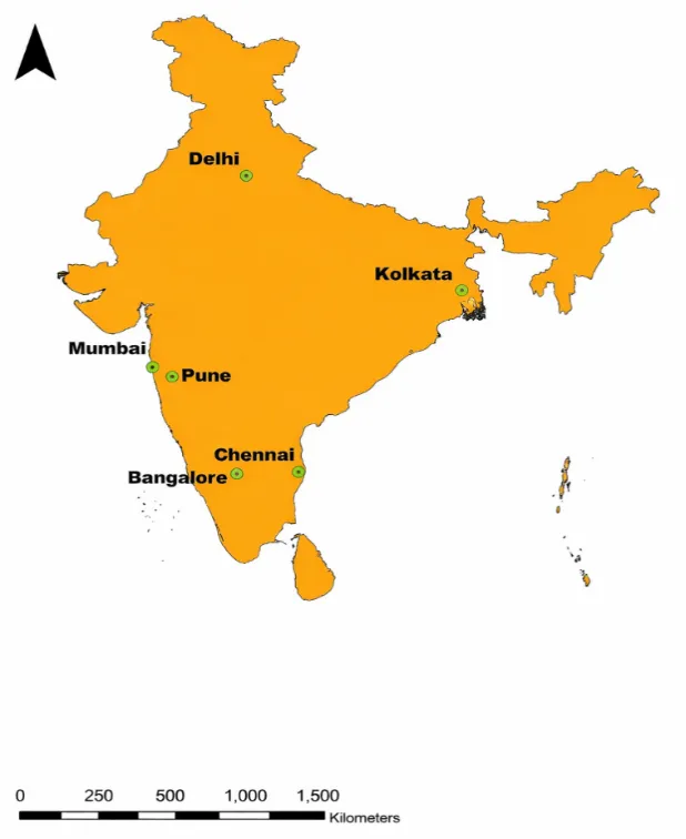 Map of India with markers on the six study cities: Delhi in the north, Kolkata in the east, Mumbai and Pune in the west, and Bangalore and Chennai in the south.